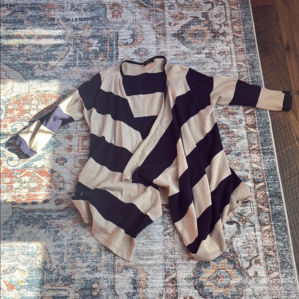 Elegant Navy and Tan Striped Women's Cardigan